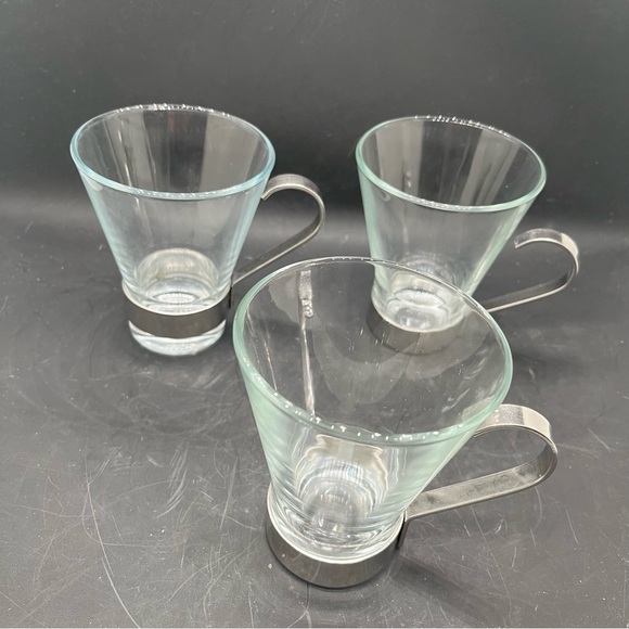 BORMIOLI 3 Glasses W/stainless steel 8oz glass Mug ITALIAN COFFEE ESPRESSO - Picture 1 of 12